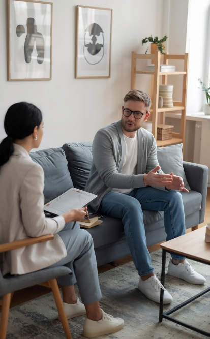 A male talking to a lady therapist